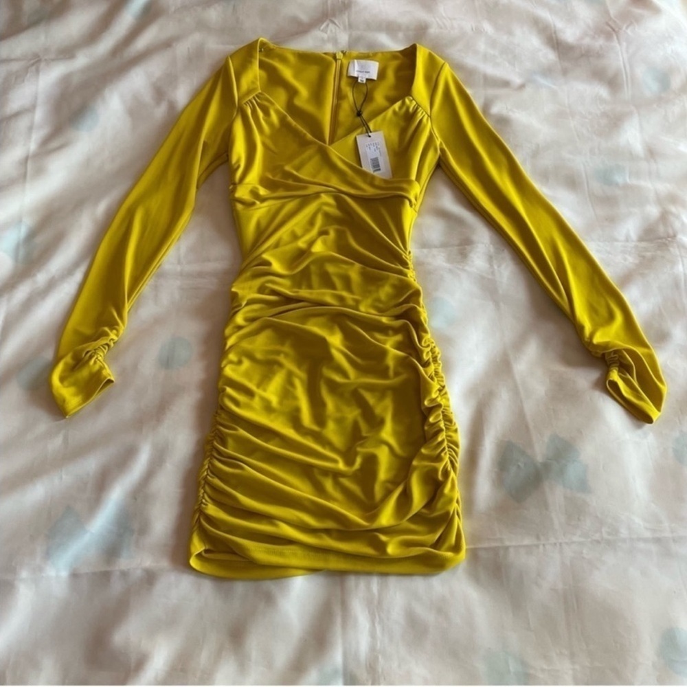 NEW! Cinq A Sept- Yellow Long Sleeve Ruched V Neck Miah Mini Dress NWOT - Picture 6 of 10